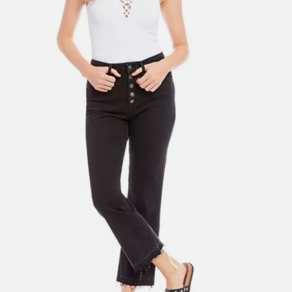 New Free People Black fringe Cropped Jeans denim button up Pants size 28